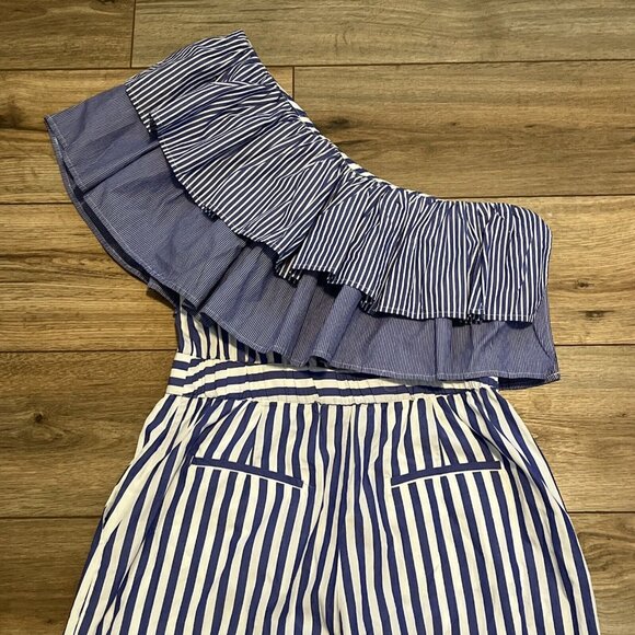 J. Crew One Shoulder Ruffle Jumpsuit SZ 6 Blue White Stripe Romper Wide Leg - Picture 9 of 10
